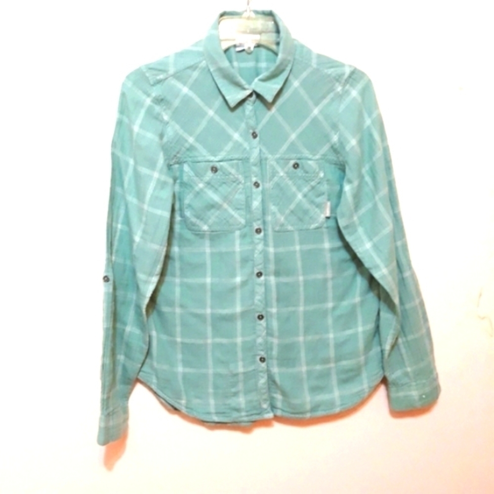 Columbia Sportwear Cotton Long-Sleeve Button down Plaid Green Shirt Size…